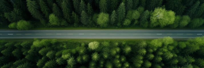Aerial view of a straight highway cutting through a dense green forest