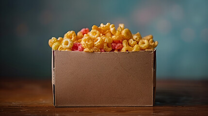 Closed Cereal Box ,
A bucket of popcorn with a yellow background