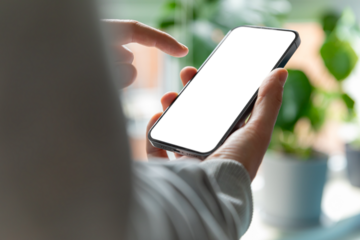 A man is using a smartphone with a blank, frameless  screen in a contemporary home or office interior. Bright light with plants in the background