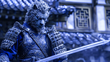 A blue werewolf samurai stands in a courtyard, holding a sword. - obrazy, fototapety, plakaty