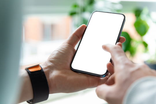 A man is using a smartphone with a blank, frameless  screen in a contemporary home or office interior. Bright light with plants in the background - Powered by Adobe