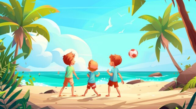 Cartoon banner of a summer beach with kids playing ball. Family vacation and holidays at the beach, friends or brothers playing and having fun together.