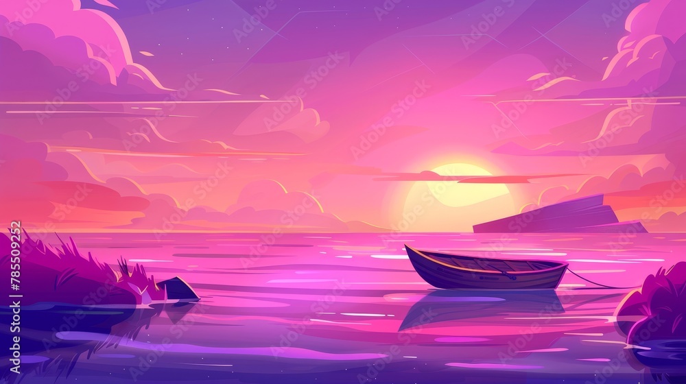 Poster in this illustration you can see an interesting parallax background with a sunrise in ocean with a b