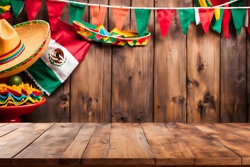  Empty wooden table with Mexican fiesta background in the background 