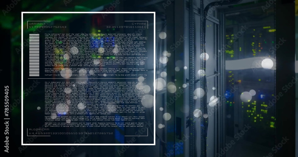 Poster image of data processing and light spots over server room on black background