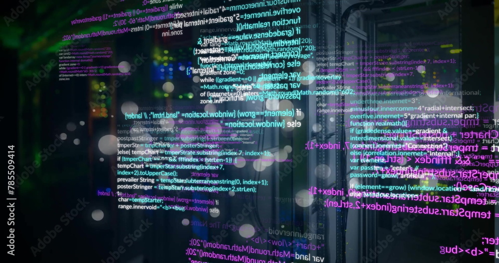 Poster image of data processing and light spots over server room on black background