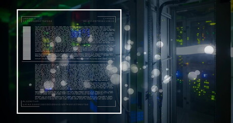 Image of data processing and light spots over server room on black background