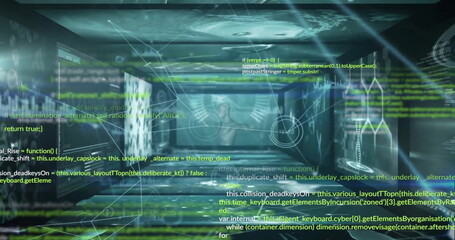 Image of data processing and network of connections on black background