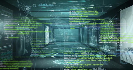 Image of data processing and network of connections on black background