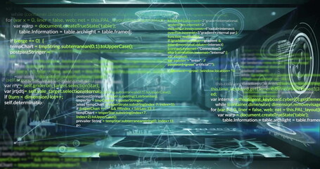 Image of data processing and network of connections on black background