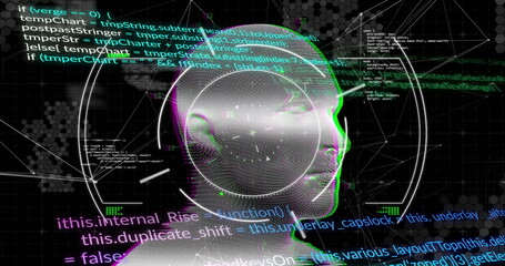 Image of data processing and network of connections over digital human head on black background