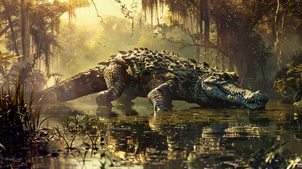 Were-crocodile creature in a swamp hunting for dinner - obrazy, fototapety, plakaty
