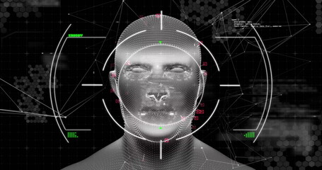 Image of data processing and network of connections over digital human head on black background