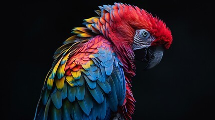 Obraz premium Lush details in a parrot's rainbow plumage against dark backdrop