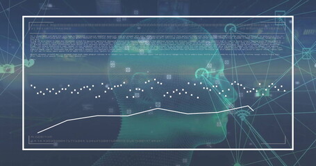 Image of data processing over human head on dark background