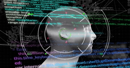 Image of data processing and network of connections over digital human head on black background