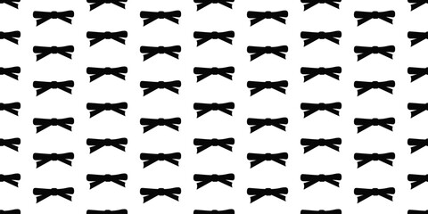Seamless pattern of silhouette bow knots, black gift ribbons in doodle style on white background. Trendy hair braiding accessory. Hand drawn vector illustration