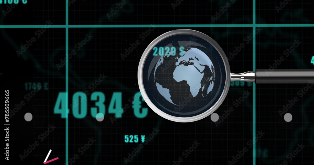 Poster image of world map and magnifying glass over financial data processing