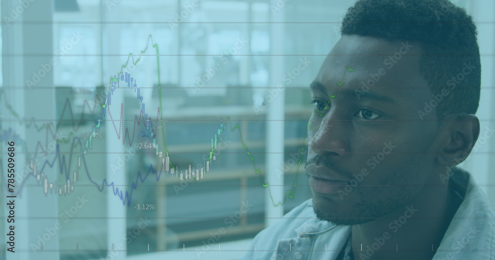 Poster image of financial data over african american designer using computer in office