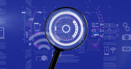 Image of financial data processing and magnifying glass over navy background