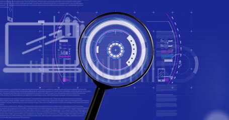 Image of financial data processing and magnifying glass over navy background