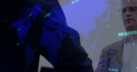 Image of financial data processing over business people shaking hands