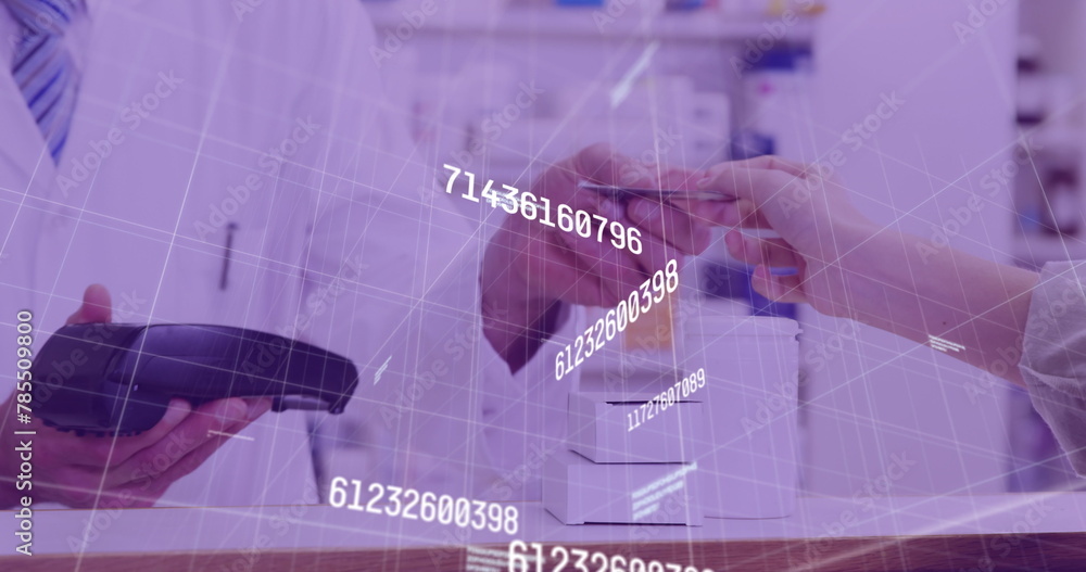 Poster image of financial data processing over man using payment terminal