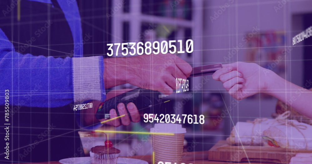 Aufkleber image of financial data processing over people using payment terminal