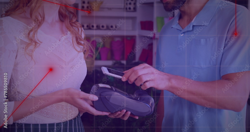 Poster image of financial data processing over caucasian people using payment terminal