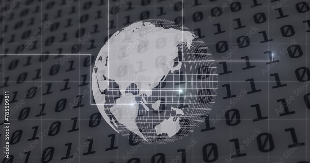 Poster image of globe and data processing over dark background