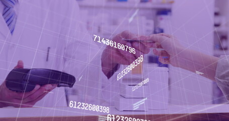 Image of financial data processing over man using payment terminal