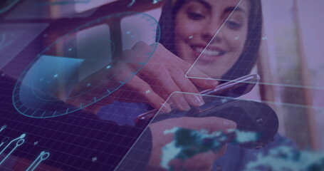 Image of financial data processing over caucasian womenusing payment terminal