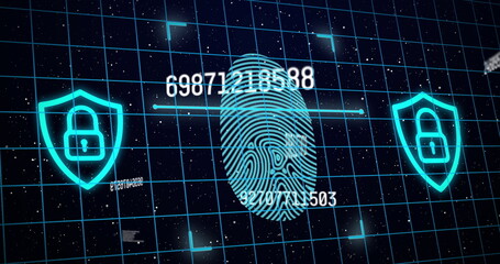 Image of finger print and grid over dark background