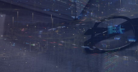 Image of financial data processing over cityscape