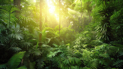 A serene forest setting with lush greenery and diverse wildlife, green nature background.