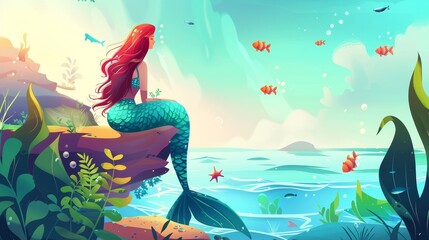 A banner with a beautiful woman with a fish tail sitting on a rock in the water. Modern illustration of a female mermaid in a fairy tale setting.
