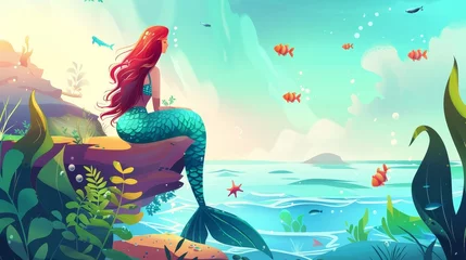 Photo sur Aluminium Corail vert A banner with a beautiful woman with a fish tail sitting on a rock in the water. Modern illustration of a female mermaid in a fairy tale setting.