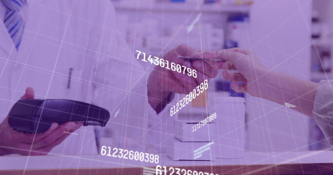 Image of financial data processing over man using payment terminal - Powered by Adobe