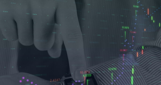 Image of financial data processing over hand - Powered by Adobe