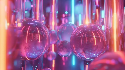 Futuristic orbs in neon-lit sci-fi cylinder arrangement - obrazy, fototapety, plakaty