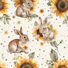 Adorable bunnies pattern with flowers and leaves on watercolor background.	