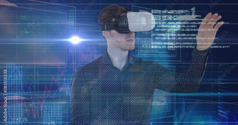 Poster image of caucasian businessman in vr headset using touchscreen with diverse data