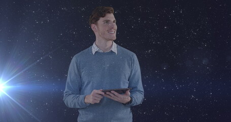 Image of caucasian man over tablet and network of connections