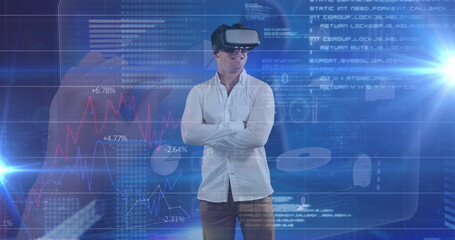 Image of financial data processing over caucasian businessman using vr headset