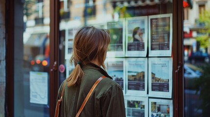 Urban lifestyle: A woman examining property ads displayed in a real estate agency window