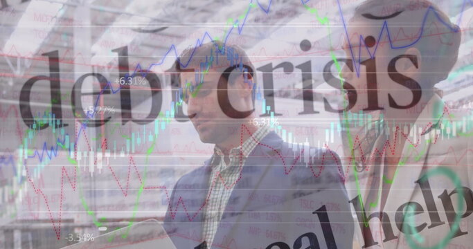 Image of financial data processing over delivery man and van