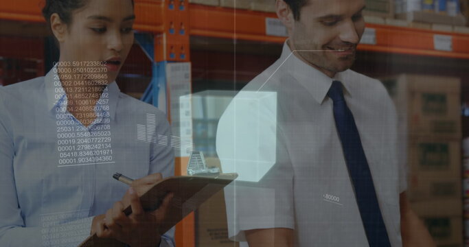 Image of financial graphs over diverse female and male warehouse workers making notes - Powered by Adobe