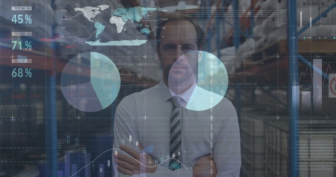 Image of financial graphs over caucasian male warehouse worker