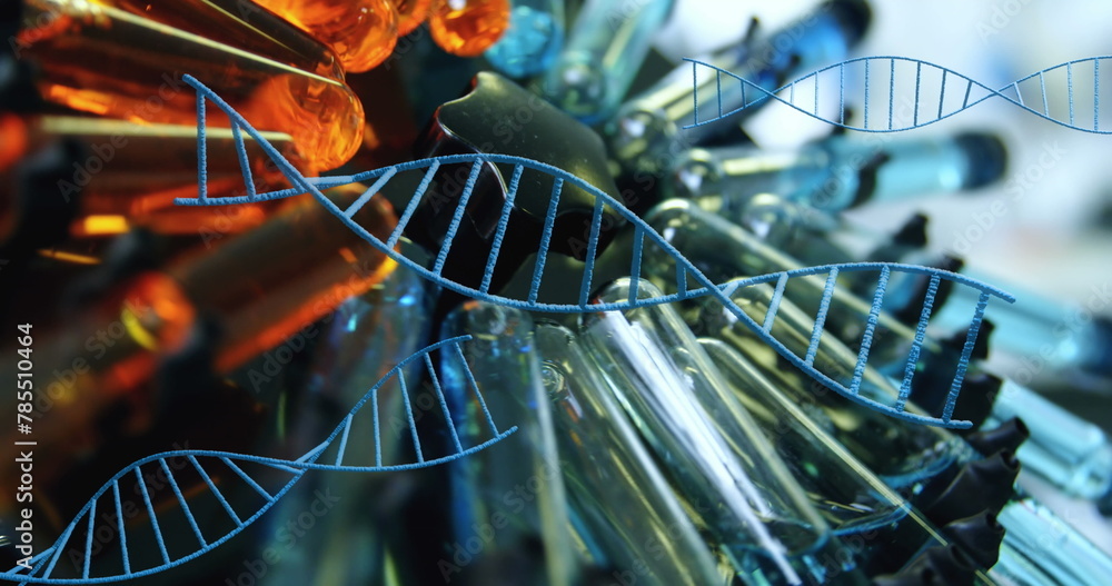 Poster multiple dna structures spinning against multiple test tubes in centrifuge spinning at laboratory