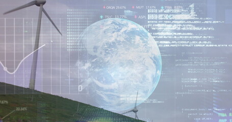 Fototapeta premium Image of financial data processing over earth and wind turbine